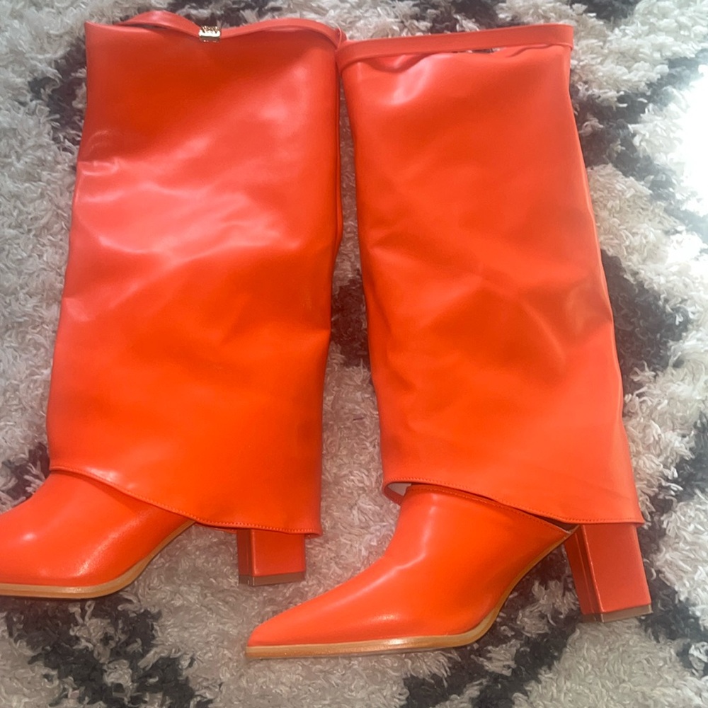 Orange Vegan Leather Knee High Shark Boot